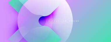Soyut arkaplan özellikleri üst üste binen daireler, gradyanlar. Mor, turkuaz renkler dinamik görsel efekt yaratır. Modern tasarım ögesi.