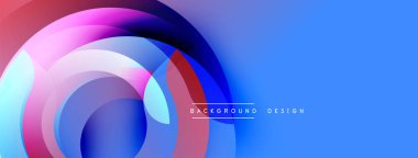 Soyut tasarım özellikleri üst üste binen renkli daireler, gradyanlar, mavi fon. Modern estetik, dinamik bileşim, basit metin örtüsü.