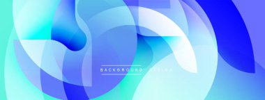 Soyut akışkan şekiller, canlı maviler, turkuaz renkler modern arka plan yaratır. Yumuşak eğimler, üst üste binen biçimler hareket, derinlik.