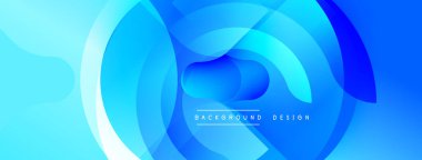 Soyut mavi katmanlar dinamik arkaplan oluşturur. Dairesel şekiller üst üste binerek modern tasarımı oluşturur. Gradyan renkler görsel derinlik sunar.