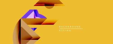 Soyut geometrik bileşim. Parlak sarı arka plan özellikleri katmanlı şekiller, gradyanlar, mor aksanlar. Modern tasarım derinliği, dinamizmi, görsel ilgiyi çağrıştırıyor. Minimalist estetik.