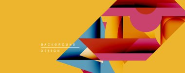 Soyut geometrik bileşim. Üst üste binen şekiller dinamik görsel efekt yaratır. Sıcak sarı arka plan canlı maviler, kırmızılar, pembeler ve portakallarla çelişiyor. Modern tasarım ögesi.