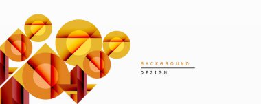 Soyut geometrik bileşim. Üst üste binen daireler, üçgenler dinamik görsel efekt yaratır. Sıcak turuncu, sarı renkler tasarımda baskın. Minimalist biçim uygun arkaplan.