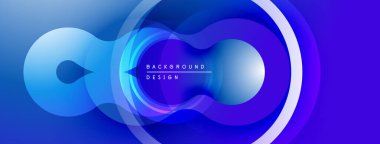 Soyut mavi tasarım, üst üste binen daireler, kıvrımlar. Modern, dinamik bileşim akışkan görsel efekt yaratır. Arkaplan metin içerir.