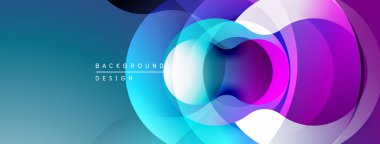 Soyut çemberler çakışıyor, canlı gradyanlar yaratıyor. Mavi, mor, pembe renkler dizaynın hakimi. Modern, dinamik görsel element.