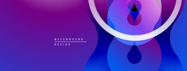Soyut gradyan şekiller dinamik bileşim oluşturur. Mor, mavi renkler modern estetik sunarak tasarıma hükmediyor. Minimalist stil.