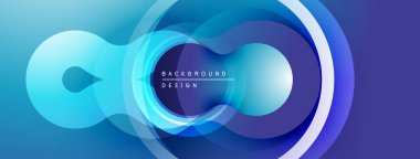 Soyut mavi tasarım katmanlı daireler içeriyor, sonsuzluk sembolü yaratıyor. Gradyan gölgeler modern estetik sunuyor. Pürüzsüz şekiller akışı, derinliği gösterir..