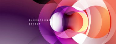 Soyut renkli daireler çakışıyor, dinamik görsel efekt yaratıyor. Mordan turuncu tonlara geçiş yapan dereceli gölgeler. Modern tasarım ögesi.