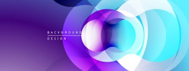Soyut daireler örtüşüyor, canlı mor ve mavi renkler yaratıyor. Arka planlar ve sunumlar için modern tasarım öğesi. Yumuşak geçişler görünür.