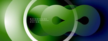 Soyut tasarım özellikleri üst üste binen daireler, gradyanlar. Yeşil, mavi renkler modern görsel efektler yaratır. Minimalist kompozisyon.