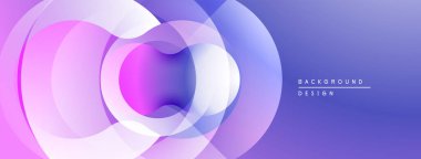 Soyut daireler örtüşüyor, canlı mor, beyaz ve mavi renkler yaratıyor. Arka planlar ve sunumlar için modern tasarım öğesi. Yumuşak geçişler görünür.