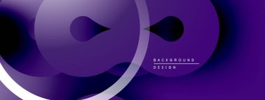 Soyut mor tasarım, üst üste binen daireler, gradyanlar, düzgün şekiller. Minimalist estetik, modern his. Arkaplan ögeleri dinamik bileşim oluşturur.