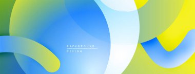 Soyut sıvı şekilleri örtüşür, parlak mavi, yeşil ve sarı renkler yaratır. Yumuşak renk geçişleri hareketi, modern tasarım estetiğini akla getiriyor.