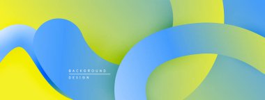 Soyut sıvı şekilleri örtüşür, parlak sarı, mavi ve yeşil renkler yaratır. Modern tasarım hareketi, enerjiyi, pozitifliği çağrıştırıyor.