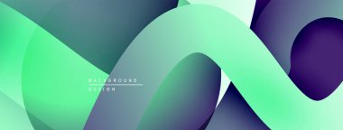 Soyut sıvı şekilleri örtüşür ve dinamik eğimler yaratır. Nane, deniz mavisi, mor renkler kompozisyona hakim. Modern tasarım ögesi.