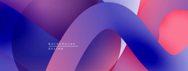 Soyut sıvı şekilleri örtüşür, canlı mor, mavi ve pembe renkler yaratır. Modern tasarım hareketi çağrıştırıyor, derinliği.