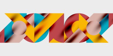 Soyut geometrik tasarım. Şekiller örtüşüyor, dinamik görsel doku oluşturuyor. Renkler sarı, kırmızı, pembe, mavi. Modern estetik.