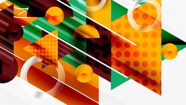 Soyut geometrik bileşim. Turuncu, yeşil, kestane rengi şekiller çakışıyor. Çizgiler dinamik görsel ilgi yaratır. Modern tasarım elemanları.