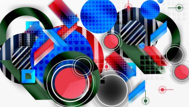 Soyut kompozisyon. Geometrik şekiller örtüşür, dinamik görsel doku yaratır. Kırmızı, mavi, siyah egemen tasarım.