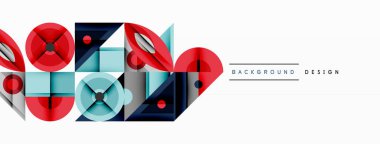 Soyut geometrik şekiller, kırmızı, mavi, turkuaz. Minimalist tasarım, temiz çizgiler, modern estetik. Çeşitli projeler için arkaplan ögesi.