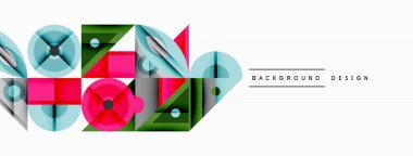 Soyut geometrik şekiller örtüşür, canlı modern tasarım yaratır. Renkler arasında pembe, yeşil, mavi, gri var. Minimalist kompozisyon.