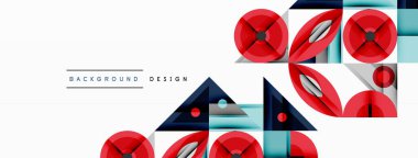 Soyut geometrik şekiller, kırmızı aksanlar, mavi renkler. Modern tasarım elementleri dinamik görsel kompozisyon oluşturur. Temiz çizgiler, basit formlar..