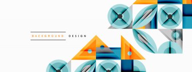 Soyut geometrik şekiller, üçgenler, daireler, kareler. Mavi, turuncu renkler tasarımda baskın. Minimalist tarz, mevcut temiz çizgiler.