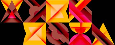 Soyut geometrik bileşim. Sıcak renkler baskın, dinamik görsel doku yaratıyor. Şekiller örtüşüyor, derinlik ve hareket öneriyor..