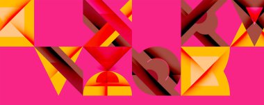 Soyut geometrik bileşim. Canlı renkler, keskin açılar, modern tasarım. Şekiller üst üste binerek dinamik görsel efekt yaratır.