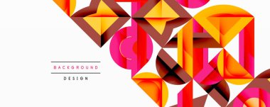 Soyut geometrik şekiller örtüşüyor, canlı turuncu, kahverengi, pembe dizayn oluşturuyor. Beyaz alan karşıtlık sağlar, modern his.