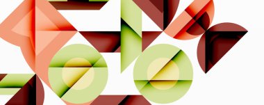 Soyut geometrik bileşim. Üst üste binen şekiller dinamik görsel efekt yaratır. Renkler arasında kırmızı, yeşil, turuncu renkler var. Minimalist tasarım.