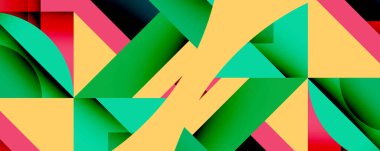 Soyut geometrik şekiller örtüşür, canlı renkli desenler yaratır. Sarı, yeşil, kırmızı, pembe baskın kompozisyon. Modern tasarım.