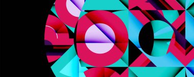 Soyut geometrik bileşim. Canlı renkler, keskin açılar, üst üste binen şekiller dinamik görsel efektler yaratır. Modern tasarım, cesur kalıplar.