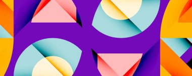 Soyut geometrik şekiller örtüşür ve canlı bir bileşim yaratır. Mor arkaplan, turuncu, pembe ve cyan renkleriyle tezat oluşturuyor. Modern tasarım.