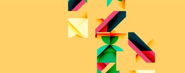 Soyut geometrik şekiller örtüşür, dinamik bileşim yaratır. Sarı arkaplan karşıtlık sağlar, canlı renkler tasarıma hakim olur.