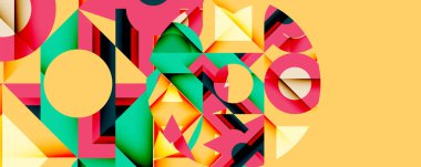 Soyut geometrik bileşim. Canlı renkler, keskin açılar, katmanlı şekiller dinamik görsel etki yaratır. Modern tasarım, cesur estetik.