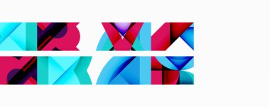 Soyut geometrik şekiller, canlı renkler, üst üste binen katmanlar dinamik görsel desen oluşturur. Modern tasarım, temiz estetik.