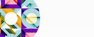 Soyut geometrik şekiller, canlı renkler, modern tasarım. Kompozisyon daireler, kareler, üçgenler, üst üste binen formlar içerir. Minimalist estetik.