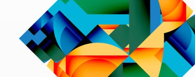 Soyut geometrik bileşim. Üst üste binen şekiller, dinamik görsel ilgi yaratır. Parlak renkler beyaz arkaplanla tezat oluşturur. Modern tasarım.