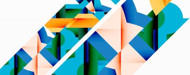 Soyut geometrik bileşim. Şekiller çakışıyor, dinamik görsel etki yaratıyor. Renkler arasında mavi, turuncu, yeşil, şeftali var. Minimalist tasarım.