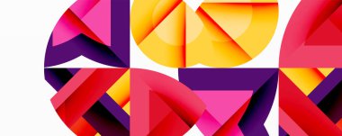 Soyut geometrik şekiller, canlı renkler, modern tasarım. Üst üste binen formlar dinamik bileşim, kalın görsel etki yaratır.