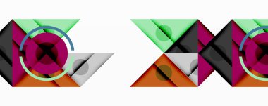 Soyut geometrik desenler. Şekiller örtüşüyor, renkli kompozisyonlar oluşturuyor. Üçgenleri, daireleri, kareleri olan minimalist tasarım. Modern estetik.