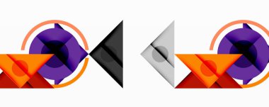 Soyut geometrik bileşim. Çemberler, üçgenler, şekiller modern tasarım yaratarak örtüşüyor. Minimalist stil, kalın renkler.