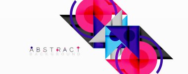 Geometrik şekiller örtüşür, canlı ve soyut bir tasarım yaratır. Pembe, mor, mavi beyaz alana hükmediyor. Modern, dinamik kompozisyon.