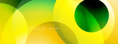 Soyut sarı, yeşil eğimli daireler kesişiyor. Modern tasarım dinamik görsel efekt yaratır. Parlak renkler enerji ve iyimserliği işaret ediyor..