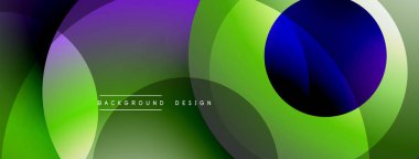 Soyut kompozisyon, üst üste binen daireler, canlı gradyanlar. Yeşil, mor, mavi renkler dinamik görsel efekt yaratır. Modern tasarım ögesi.
