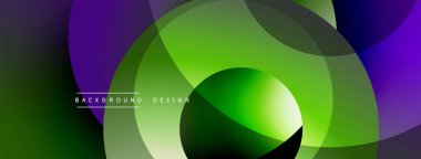 Soyut tasarım, üst üste binen daireler, canlı yeşil, mor renkler. Modern estetik, pürüzsüz gradyanlar dinamik görsel etki yaratır.