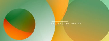 Soyut tasarım özellikleri üst üste binen daireler, gradyanlar. Renkler yeşil, turuncu, sarı. Minimalist tarz, modern estetik.