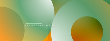 Soyut tasarım özellikleri üst üste binen daireler, gradyanlar. Renkler arasında yeşil, turuncu, beyaz var. Minimalist estetik, modern his.