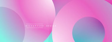 Soyut sıvı şekilleri pembe, mor, turkuaz renkleri harmanlıyor. Modern tasarım üst üste binen daireler, gradyanlar içerir. Minimalist estetik.